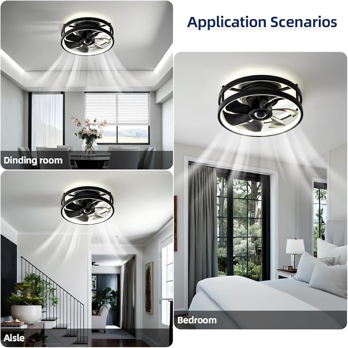 13 Inch Small Ceiling Fan with Light and Remote, Low Profile Flush Mount Fandelier, Dimmable 3CCT Quiet LED Ceiling Fans for Bedroom,Black