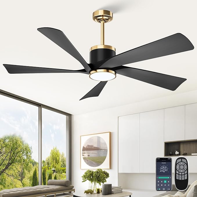 TXCSLY 52'' Ceiling Fans with Lights, Modern Ceiling Fan with Remote Control, Indoor Outdoor Ceiling Fan for Living Room, Bedroom, 5 Blade, 3 Color Temperature, Dimmable (Black & Gold)