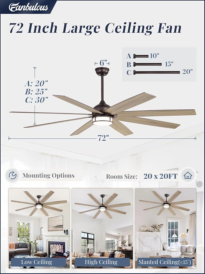 Fanbulous 72 Inch Ceiling Fans with Lights, Large Farmhouse Ceiling Fans with Remote, Oil Bronze Ceiling Fan Fixtures with Bright LED Light for Living Room, Bedroom, Kitchen