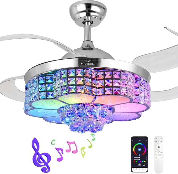 BAYSQUIRREL Retractable Ceiling Fan with Light and Remote/APP Control, Bluetooth Ceiling Fans with Speaker, RGB-LED Light 6 Speeds Reversible Blades,Chandelier Crystal Ceiling Fan with Lights