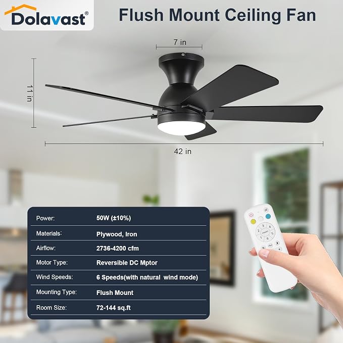 Ceiling Fans with Lights, 42 Inch Low Profile Ceiling Fan with Light and Remote Control, Flush Mount, Reversible, 3CCT, Dimmable LED, Quiet, Black Ceiling Fan for Bedroom, Kitchen