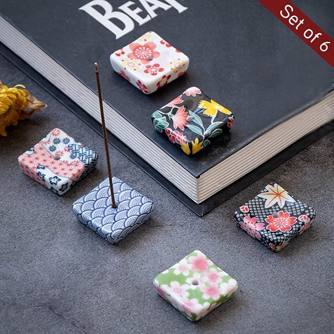 Set of 6, Small Japanese Ceramic Handmade Cute Cherry Blossom Incense Stick Holder or Incense Burner Holder, Unique Ash Catcher Inscent Tray and Decorative Gift, Home Decor 1.34 inch
