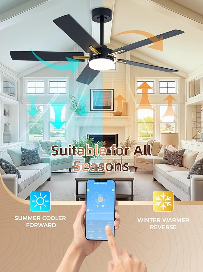 LANMEL 52 Inch Ceiling Fans with Lights, App&Remote Control, Low Profile Modern Ceiling Fan, 6 Speed, Reversible, 3000k-6500k Dimmable LED, Quiet DC Motor for Indoor Outdoor Use, Gold Black