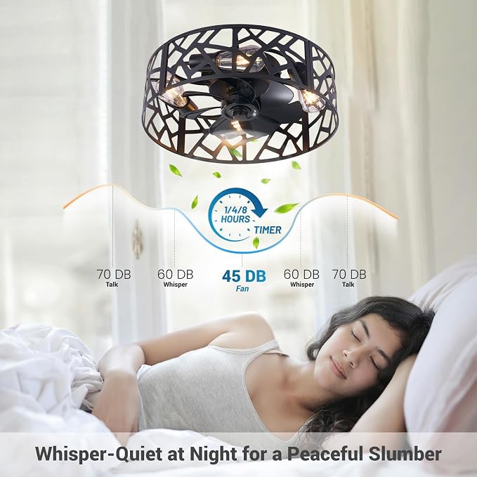 20" Farmhouse Flush Mount Ceiling Fan with Light and Remote, Black Caged Low Profile Fandelier, 6-Speed Reversible Enclosed Ceiling Fan for Bedroom, Kitchen, Small Room