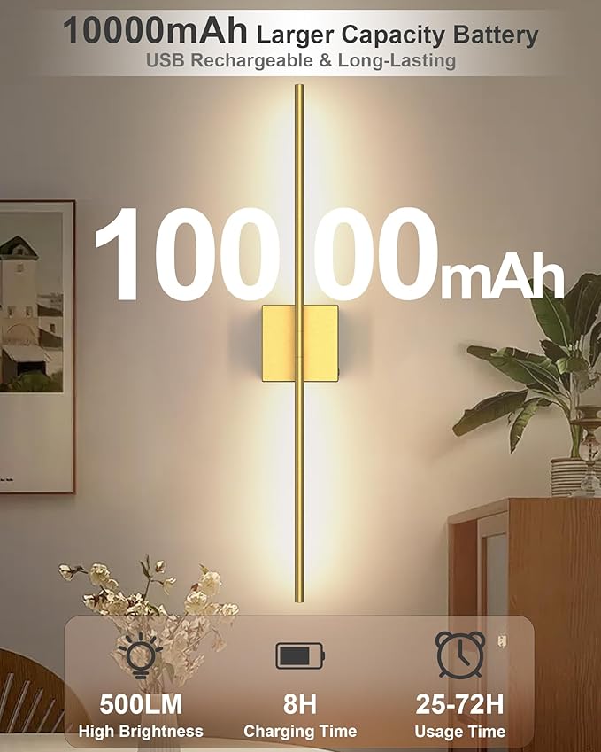Battery Powered Wall Sconce Set of Two: Gold Wireless Rechargeable Wall Lights with Touch and Remote Control, 360°Rotatable 4CCT Dimmable Cordless Scone Lighting Decor for TV Wall Bedroom Bathroom