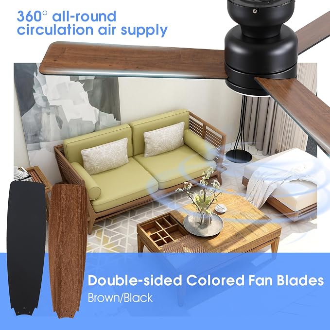 Kviflon 46 Inch Ceiling Fans with Lights and Remote/APP Control, Low Profile Ceiling Fan with Lamp, Flush Mount, 3CCT, 3 Reversible Blades 6 Speeds, Double Sided Fans for Bedroom, Brown+Black