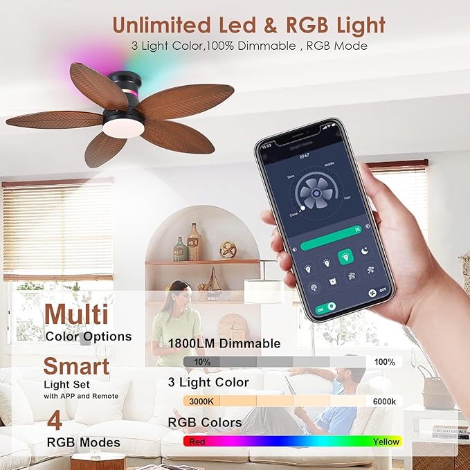 Tropical Palm Leaf RGB Ceiling Fans with Lights 46”, Brown Flush Mount Ceiling Fan with Light and Remote, 3CCT Dimmable LED&&Side RGB Light, Reversible 6 Speeds, Quite Low Profile Ceiling Fan Party