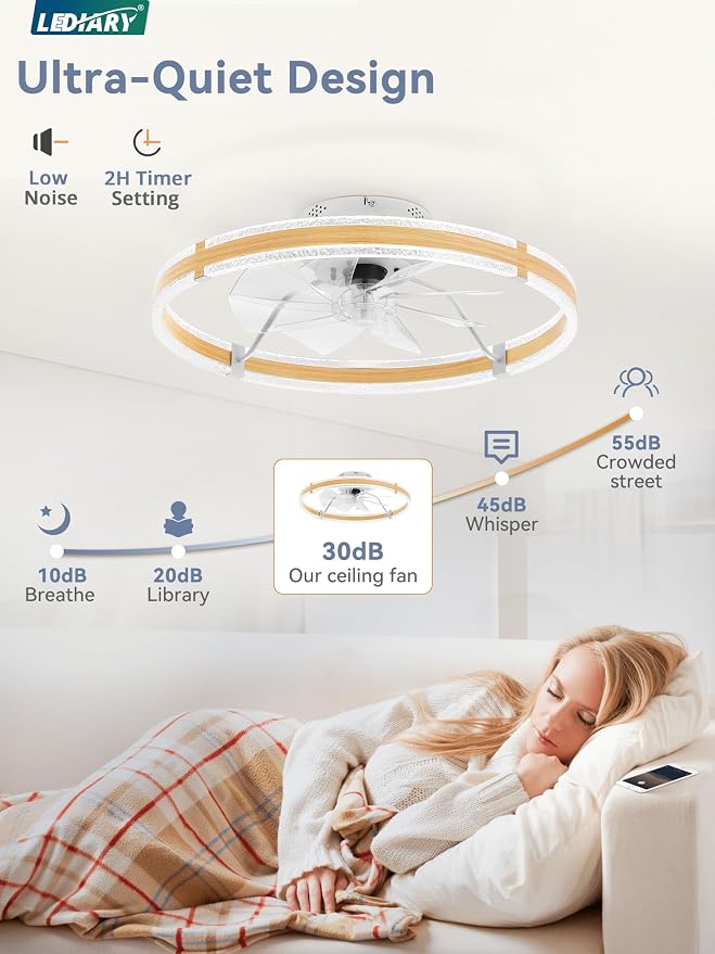 LEDIARY Ceiling Fans with Lights and Remote, 24'' Low Profile Ceiling Fan with Light, 3000-6000K Dimmable Fandelier Ceiling Fans, Modern Flush Mount Fan for Bedroom with 6 Wind Speeds- Wood Grain