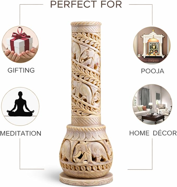 Carry Me Hand Carved Soapstone Incense Stick Holder | Candle Burner | Tea Light Stand. Elephant Jaali Carving Bottle Shape. Decorative Home and Kitchen Decor - (3x3x10.5 Inches)