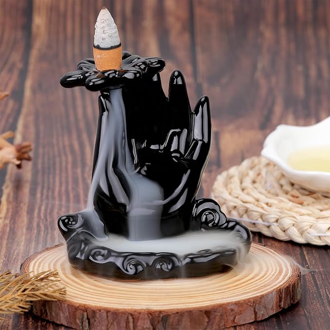 Buddha Hand Backflow Incense Burner, Waterfall Incense Burner, Ceramic Incense Fountain Buddha Incense Holder, Incense Cone Burner for Yoga Meditation and Home Decor