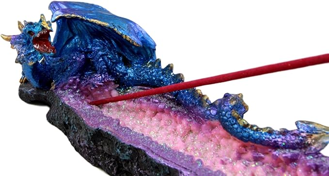 Atlantic Collectibles Quartz Crystal Azurite Guardian Dragon Incense Holder Figurine 10.75" Long