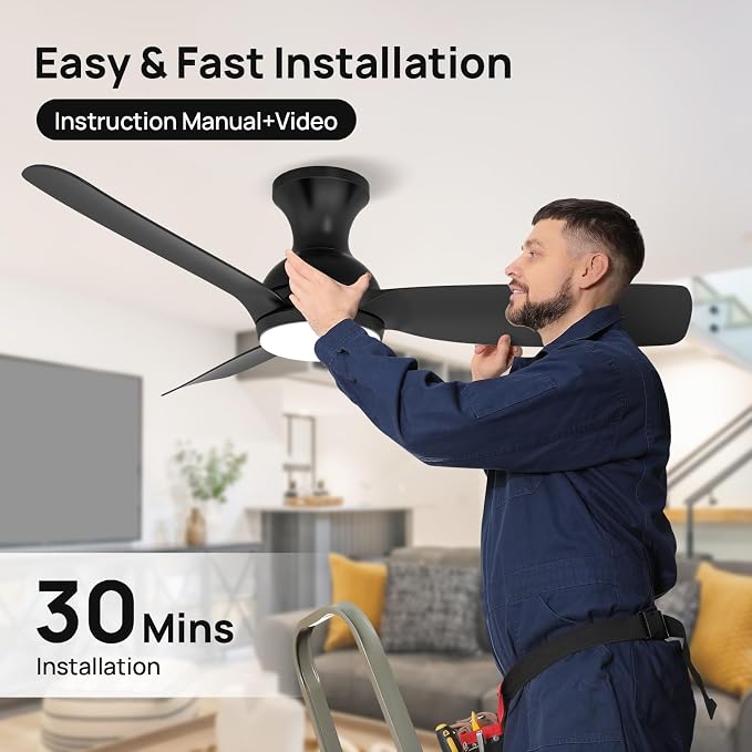 Consciot Ceiling Fan With Light, 44 Inch Low Profile Ceiling Fan with remote control, 6-speed choice, Reversible DC motor, 3CCT, Dimmable, Whisper, Easy Install, For Indoor and Covered Outdoor (black)