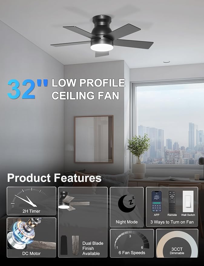 32'' Black Flush Mount Ceiling Fan with Light for Hallway, Closet | Quiet DC Motor, Low Profile, 3CCT Dimmable, Modern Small Room Ceiling Fan with App/Remote Control