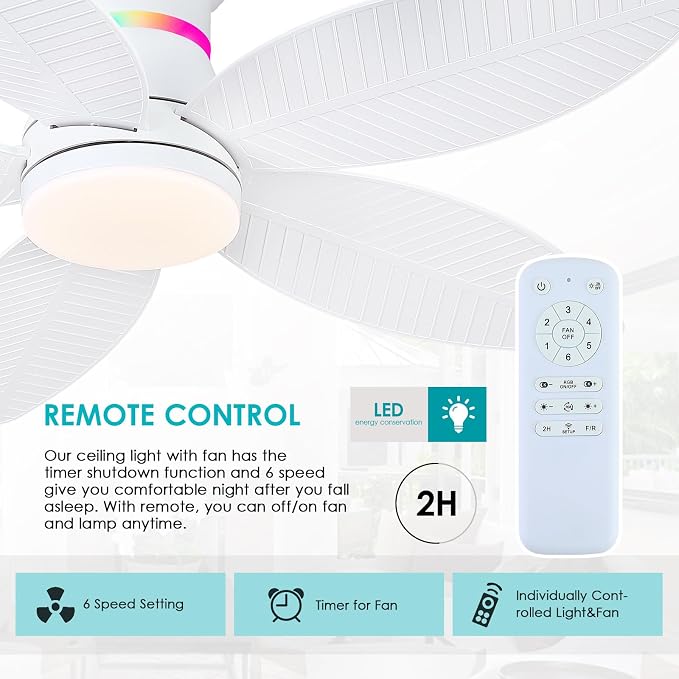 Surtime 46" White Ceiling Fans with RGB Lights - Flush Mount Ceiling Fan Light with LED 3CCT Dimmable, Tropical Palm Leaf Ceiling Fans for Indoor Party,Covered Outdoor