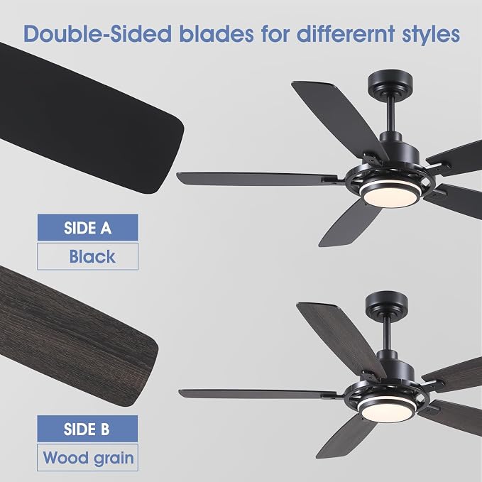 SHIHOT 54" Black Modern Ceiling Fans with Lights&Remote for Bedroom Kitchen | 6 Wind Speeds, Reversible, Dimmable 3 Light Colors LED Light, 30W Noiseless DC Motor,5 Double-Sided Blades,2H Timer