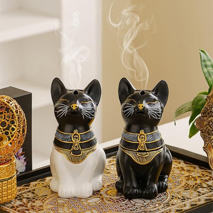 Egyptian Cat Statue Incense Burner, Vintage Resin Meditating Cat Incense Cone Holder, Home Office Aromatherapy Decor for Zen Yoga Spa (Black)