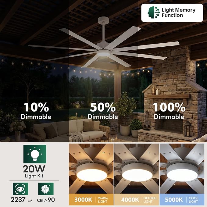 56 Inch White Outdoor Ceiling Fan with Light, All Weather Wet Rated, Smart Alexa/App/Remote Control, 8 Anti-rust Aluminum Blades, High Airflow 7446 CFM, Modern Farmhouse Fan for Patios Coastal Garage