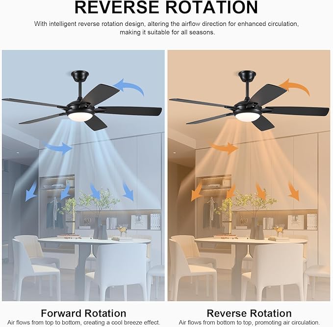 Kviflon 52 Inch Ceiling Fans with Lights and Remote, Modern Indoor Outdoor Ceiling Fan for Bedroom Living Room Patio Porch, 6 Speeds, Reversible Quiet Motor, Dual Finish Wooden Blades, Black