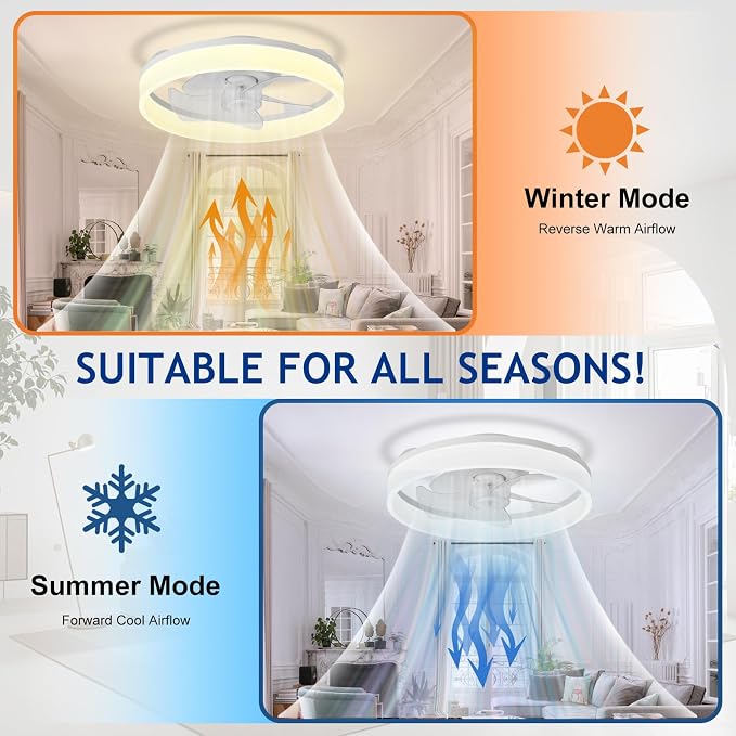 DLLT LED Ceiling Fan with Light: 16" Modern Low Profile Flush Mount Fandelier with App & Remote Control - Dimmable White Bladeless Fan Light Fixture for Bedroom Kids Room Living Room