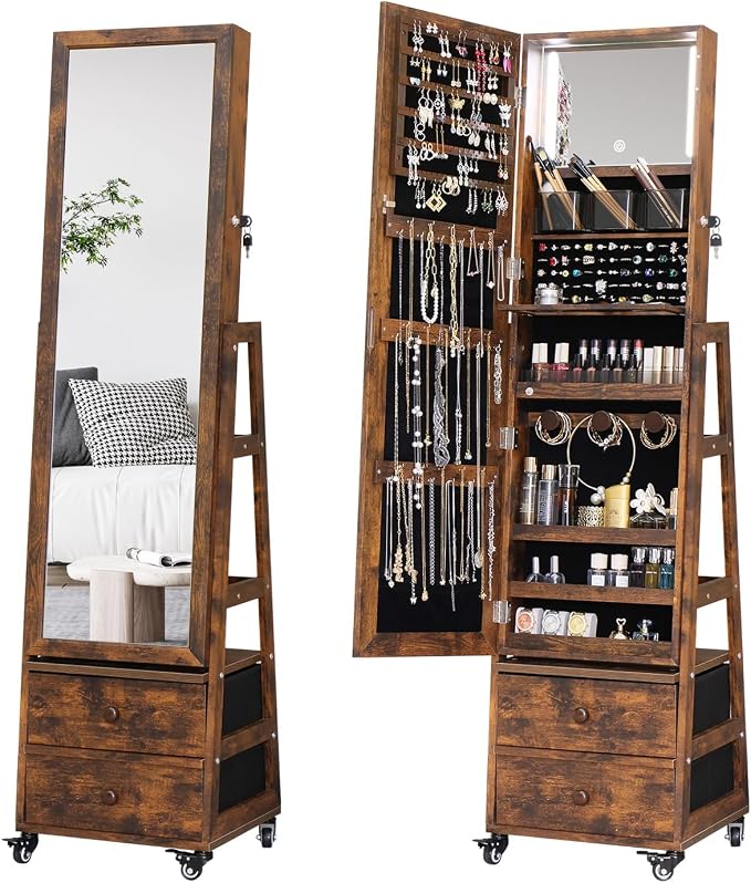 Rotating Jewelry Cabinet with Vanity Mirror,Full Length Mirror with Storage Jewelry Armoire Lockable Jewelry Organizer Standing Mirror with Drawers Wheels Christmas Gift for Girl Rustic Brown