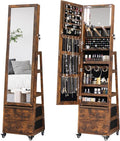 Rotating Jewelry Cabinet with Vanity Mirror,Full Length Mirror with Storage Jewelry Armoire Lockable Jewelry Organizer Standing Mirror with Drawers Wheels Christmas Gift for Girl Rustic Brown