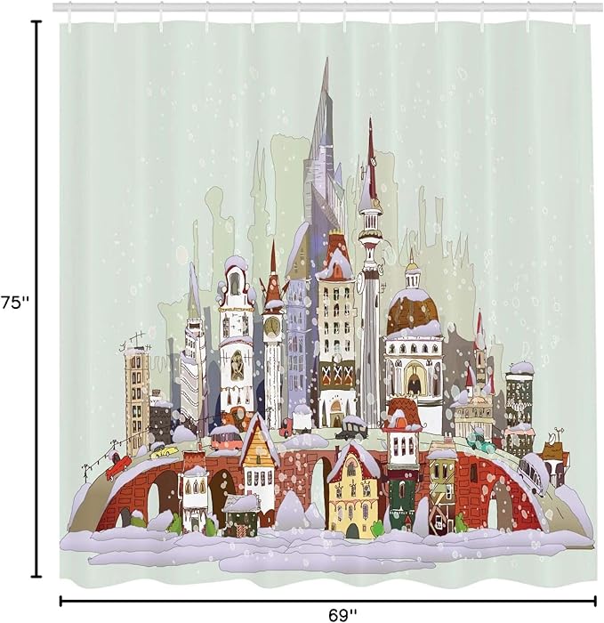 Ambesonne Christmas Shower Curtain, Noel in The City Xmas Background Yule Holiday Traditional Winter Scenery, Cloth Fabric Bathroom Decor Set with Hooks, 69" W x 75" L, Green Lavender