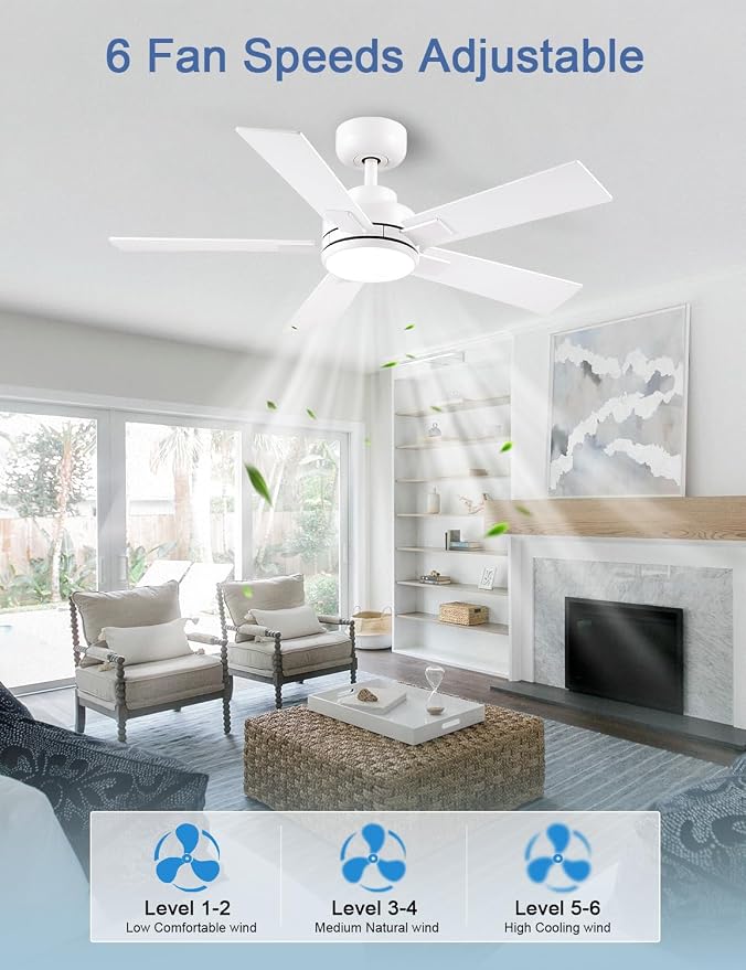 Modern Ceiling Fans with Lights - 42 inch Outdoor White Ceiling Fan with Light and Remote, Reversible DC Motor, 6-Speed Quiet 3CCT LED Dimmable for Bedroom, Indoor and Outdoor, Patios, ETL Listed