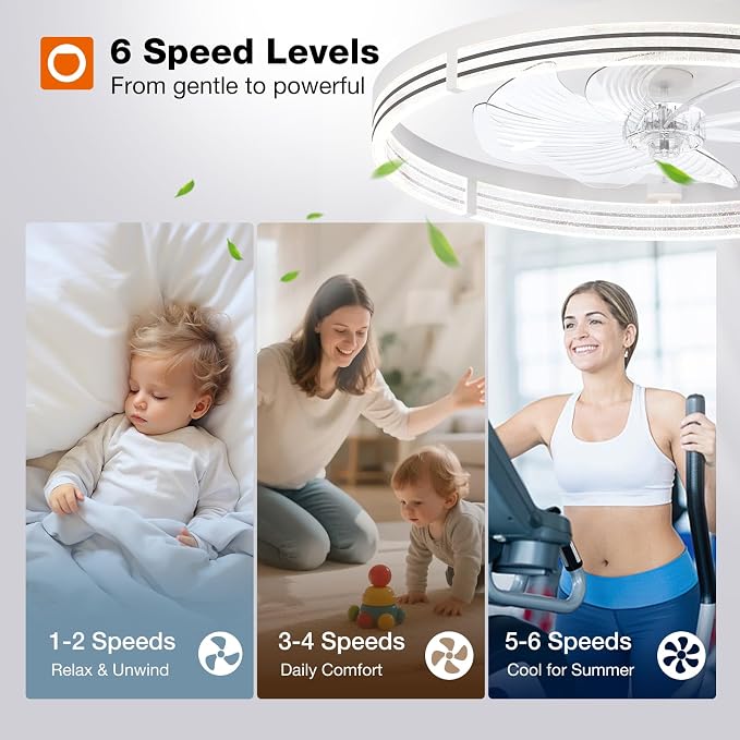 addlon Ceiling Fans with Lights and Remote, 24'' Low Profile Ceiling Fans, 3000-6000K Dimmable Modern Flush Mount LED Fan Light, Fandelier Ceiling Fan for Bedroom, Kitchen, Living Room, White