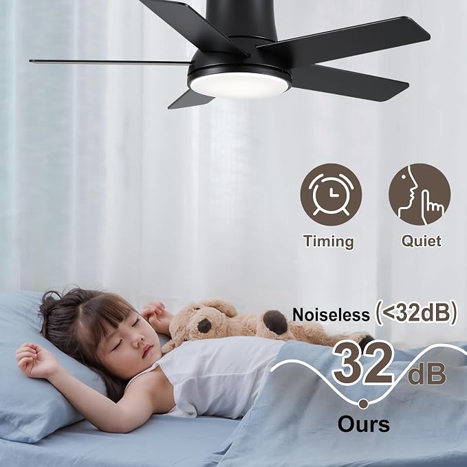 42 Inch Pro Balck Flush Mount Ceiling Fans with Lights and Remote | 3CCT Dimmable LED, 6 Speed, Quiet DC Motor, 3-Level Timer Function, Forward/Reserve For all Seasons, Indoor/Covered Outdoor