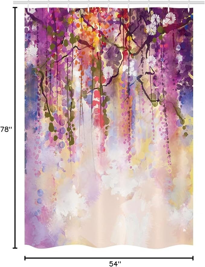Ambesonne Japanese Stall Shower Curtain, Floral Country Style Watercolor Japanese Garden Flowers with Rain Backdrop, Fabric Bathroom Decor Set with Hooks, 54" W x 78" L, Peach Purple