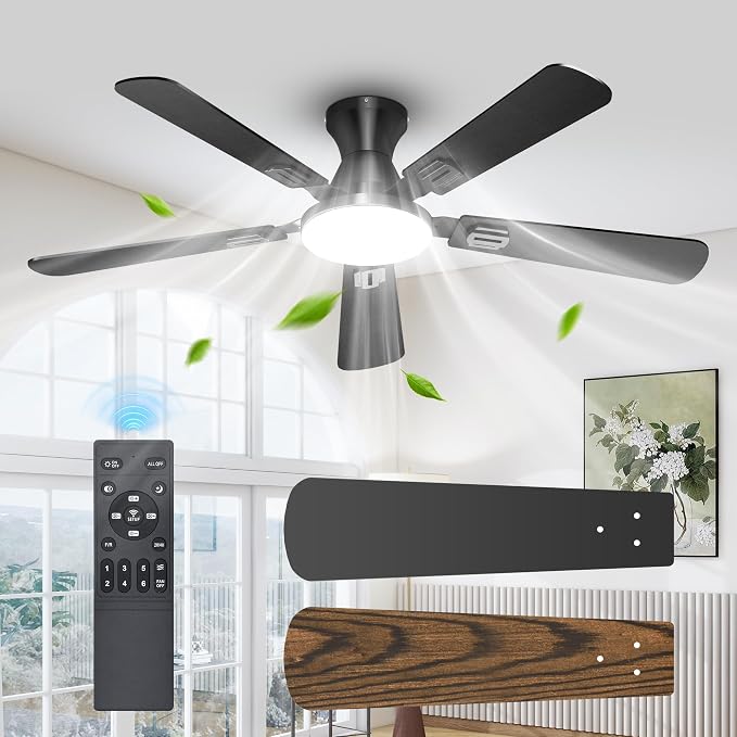 UME 52" Ceiling Fan with Lights & Remote, 6 Blades Low Profile Ceiling Fan, Quiet DC Motor, Natural Wind, 6 Speeds, 3CCT Dimmable 20W LED Modern Ceiling Fan for Bedroom, Living Room, Black