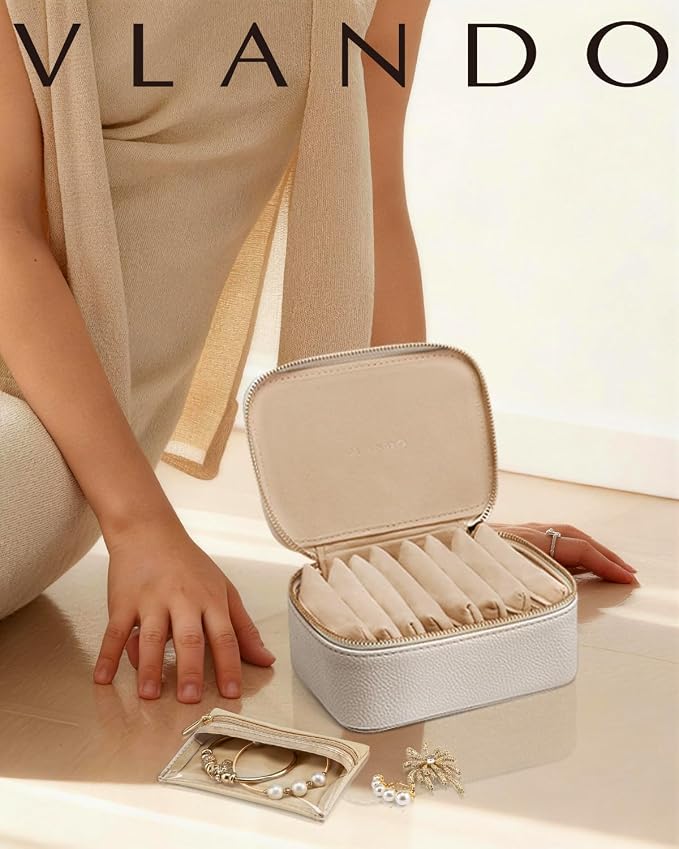 VLANDO Travel Jewelry Case with 8 Velvet Jewelry Bags Jewelry Travel Organizer Box for Girls Jewelry Box for Rings Earrings Brides Gifts Birthday Gifts for Women Teen(White)