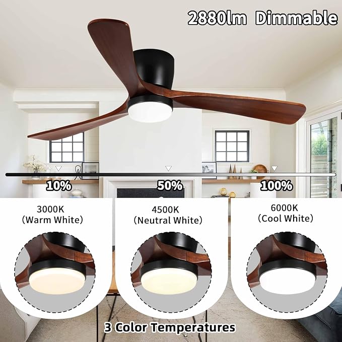 Ceiling Fans with Lights and Remote Control, 42 Inch Solid Wood Blade, Low Profile Flush Mount, LED Dimmable DC Reversible Modern Ceiling Fans with APP Control for Bedrooms, Living Rooms, Patio, Black
