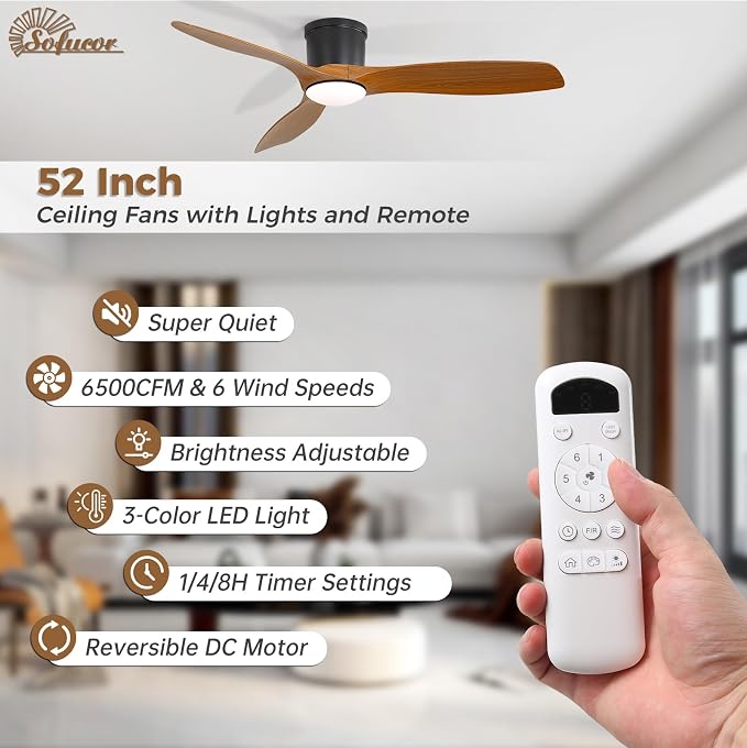 Sofucor 52 Inch Low Profile Ceiling Fans with Lights, Modern Flush Mount Ceiling Fan with 3 Plastic Blades, 6500CFM, Dimmable 6-Speed 3-Timer Reversible DC Motor for Bedroom Living Room, ETL, Brown