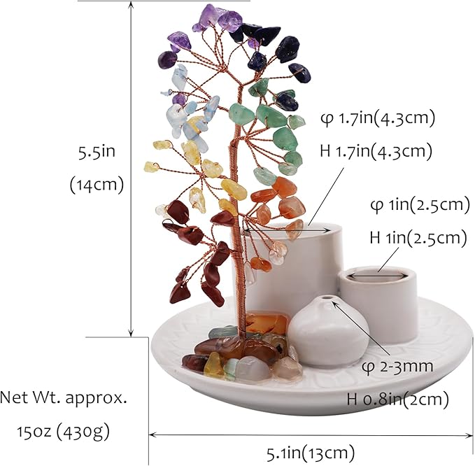 5 in 1 Incense Burner Holder with Crystal Healing Tree, Palo Santo Holder, Sage Holder, Incense Holder for Sticks/Cones/Candles, Ceramic Tray Ash Catcher for Burning Incense, Meditation Gift (White)