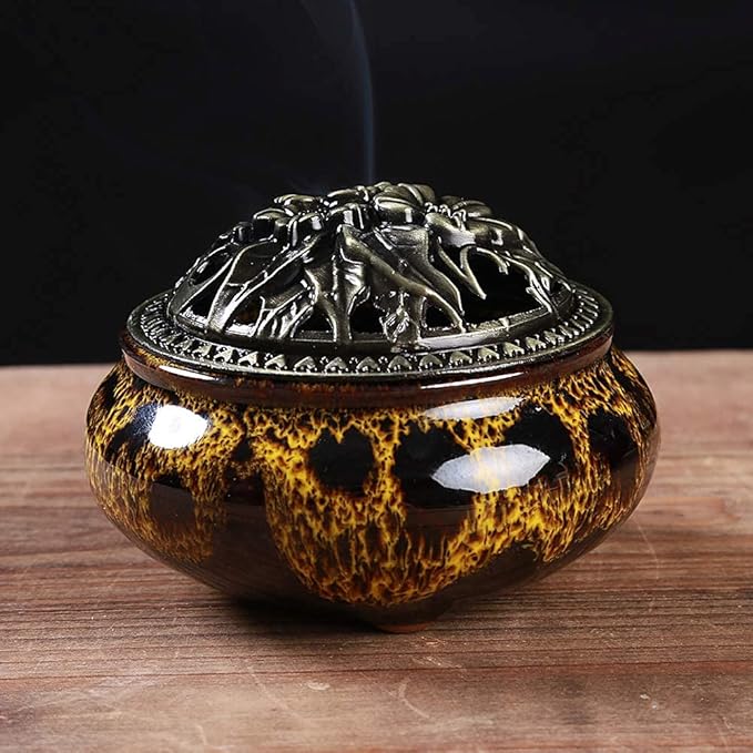 Incense Burner with Calabash Incense Stick Holder - Porcelain Charcoal Censer for Use with Resin Granular Powder Cone or Coil Incense (Fambe Yellow)