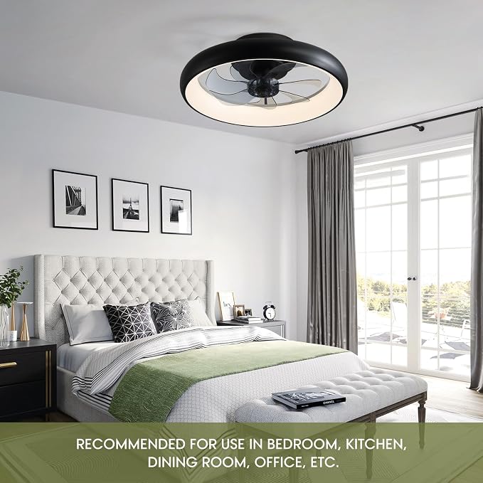 LUDOMIDE Ceiling Fans with Lights 20'' Flush Mount Fan Remote & APP Control Black Low Profile 6 Wind Speeds Smart Dimmable LED for Bedroom Living Room (Y1095-BK-ELE)