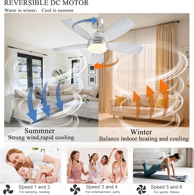 Ceiling Fans with Lights, 42 Inch Low Profile Ceiling Fan with Lights and Remote Control, LED Dimmable DC Reversible, 8 Speed, Noiseless, Modern Nickel Ceiling Fan for Bedroom, Indoor/Outdoor Use