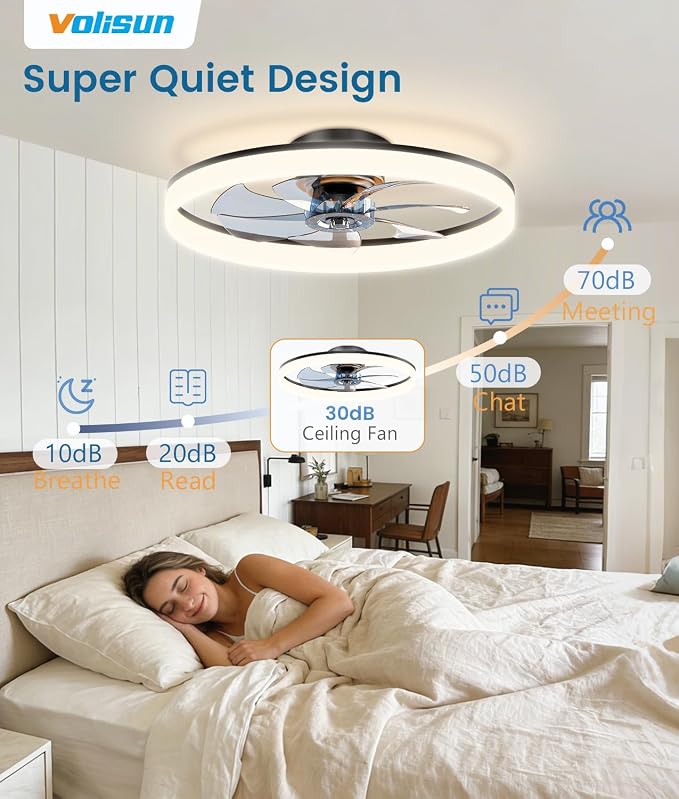 VOLISUN Low Profile Ceiling Fans with Lights and Remote, 24in Fandelier Ceiling Fan Flush Mount, 3000K-6500K Smart Bladeless LED Fan Light, Black Modern Ceiling Fans with Lights for Bedroom