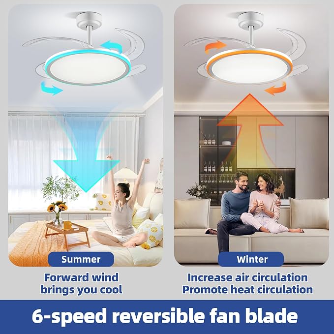 BAYSQUIRREL Slim RGB Retractable Ceiling Fan with Light and APP/Remote Control, 42inch Modern Smart Ceiling Fan with Bluetooth Speaker, Dimmable Full Spectrum with Memory, 6-Speed Reversible Fan,White