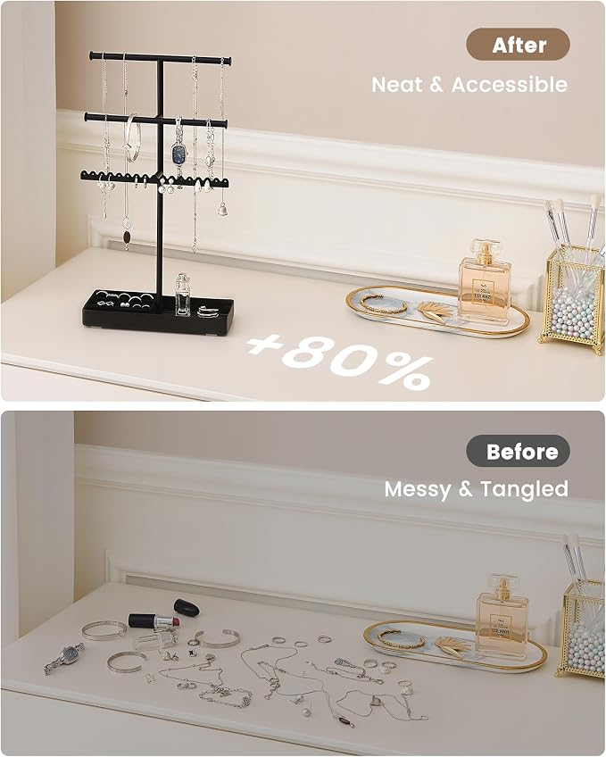 Lolalet 3-Tier Jewelry Organizer Stand, Metal Jewellery Holder, Dresser Display Rack for Necklace Earring Bracelets Rings, Gift for Women Girls -Black
