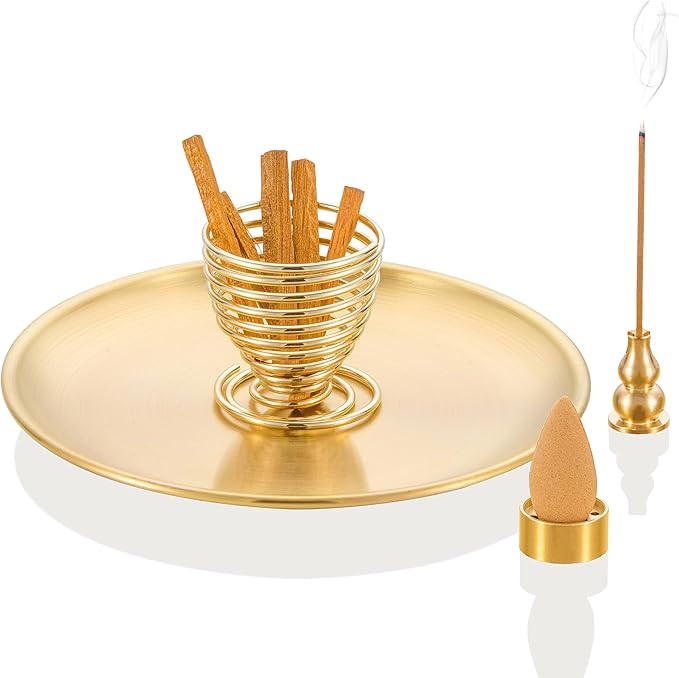 OSOPOLA 4 in 1 Incense Burner - 6.7 Inch Brass Gourd-Shaped Incense Holder for Sticks/Cones/Coils - Metal Ash Catcher for Meditation/Yoga/Home Decor ZX11