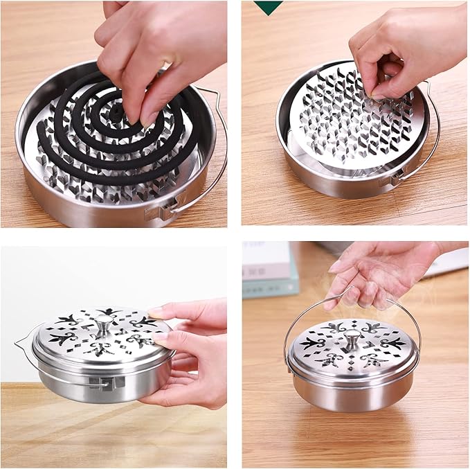 2 Portable Mosquito Coil Holder, Mosquito Incense Box Sandalwood Holder with Handle, Fireproof Incense Burner for Home Silver 2t
