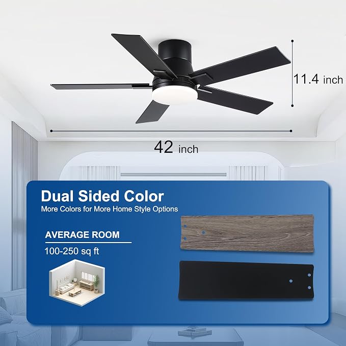 Rayqueen 42 Inch Flush Mount Black Ceiling Fans with Lights and Remote | 6 Speed Reversible DC motor,3-color temperature dimmable LED.For indoor/covered outdoor.Modern style for bedroom room