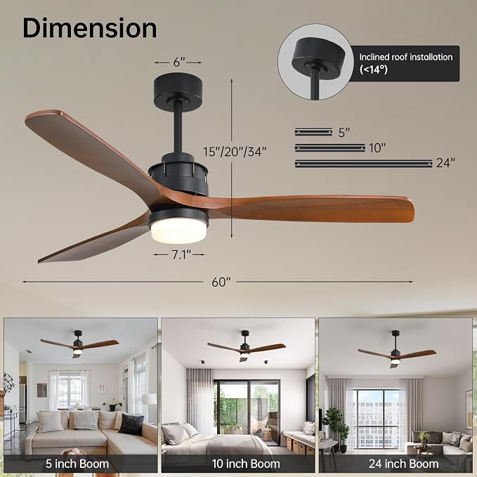 Sofucor 60 inch Ceiling Fan with Lights and Remote, Modern Large LED Wood Ceiling Fan for Indoor Living Room Bedroom Outdoor Patio Porch, Reversible DC Motor