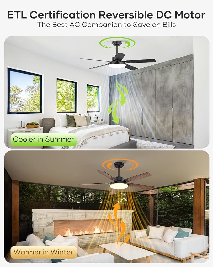 52 inch Black Ceiling fan with Light and Remote/APP, Ceiling Fans with Lights, 3CCT, Reversible 6 Speeds Quiet, Black Modern Ceiling Fan with Light for Indoor Outdoor Bedroom Patio Living Room