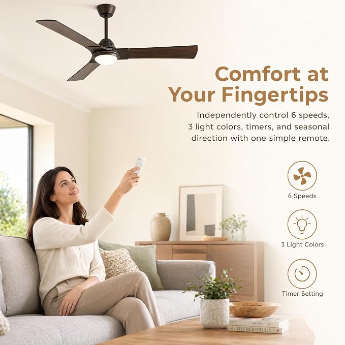 52 Inch Ceiling Fan with Light, DC Motor | Dimmable LED, 3-Color Temperatures, Reversible Blades, Quiet 30dB, Energy-Saving DC Motor, 6-Speed, 2/4H Timer, Indoor Use