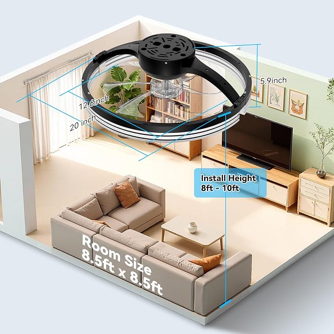 AIKVSXER Ceiling Fans with Lights and Remote, 20'' Low Profile Ceiling Fan with APP Control, 3000K-6500K Dimmable, Quiet Reversible DC, Modern Flush Mount Fandelier for Bedroom (Black-Stripe)