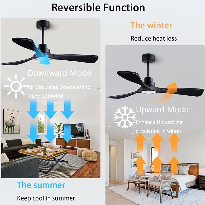 52-inch Silent Ceiling Fan Light with Remote Control, Black Wood Finish. | 3CCT, mobile app, full memory function, for use in living rooms, dining rooms, bedrooms, offices, balconies, and outdoors.