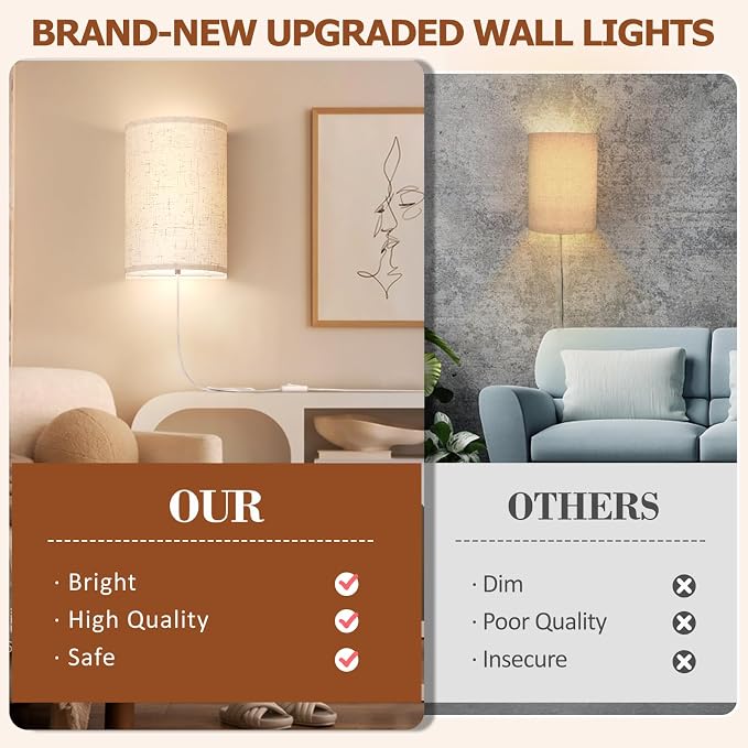 OCATO Plug in Wall Sconces Set of Two: Wall Light Wall Lamp with On/Off Switch 3000K 4500K 6000K Selectable Fixtures Fabric Linen Shade Wall Decor Wall Lights for Bedroom Living Room Hallway Indoor